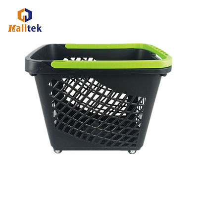 Large Capacity Supermarket Handle Plastic Shopping Baskets With 4 Wheels In Black